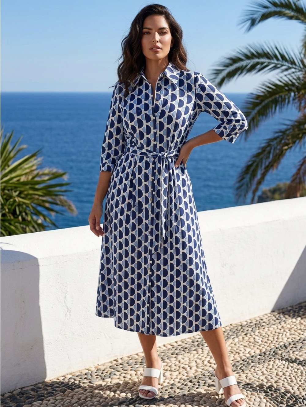 Motivi Blue and White Geometric Midi Shirt Dress